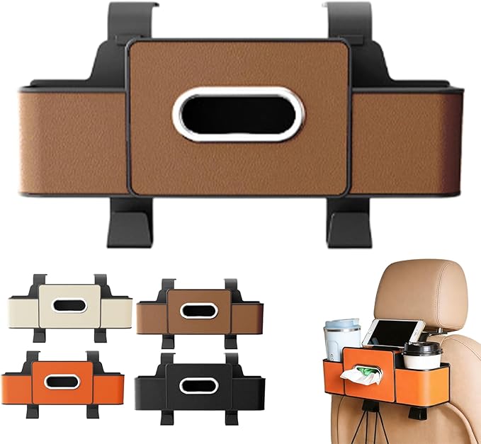 Car Organizers and Storage Box, Car Organizer Storage Box Back Seat, Multifunctional 3-in-1 Cars Organizer with Tissue, Tissue Boxs and Storages Hook, for Hold Phone, Drinks, Handbag (Brown)