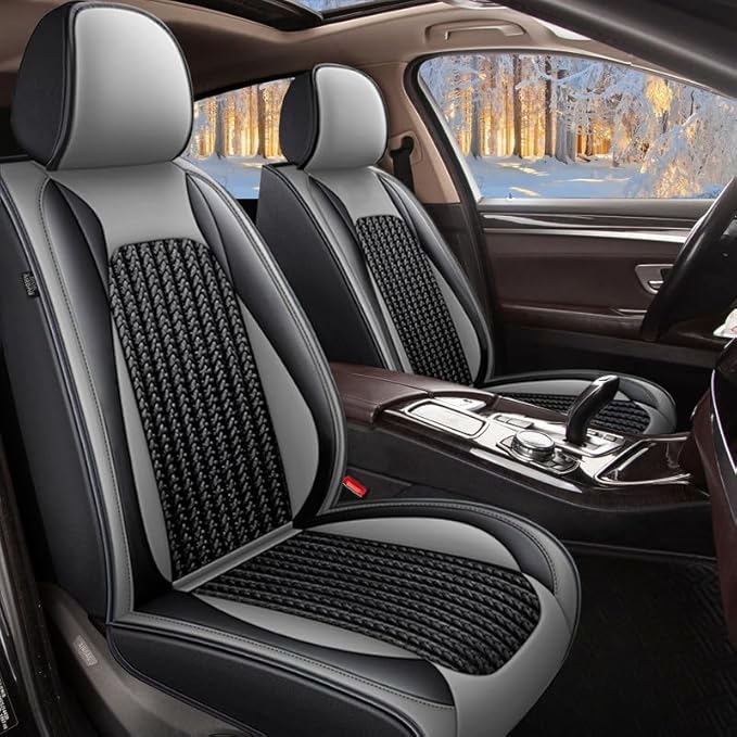 TTX LIGHTING Car Seat Covers fit for Cadillac STS 2013-2018 - Waterproof Leather & Breathable Ice Silk Automotive Seat Protectors (2 Front Seats, Black & Gray)