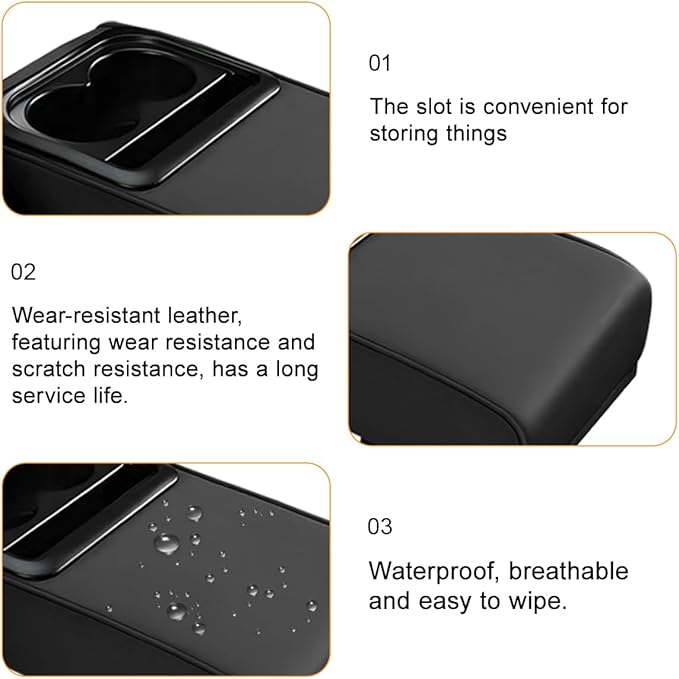 Car Center Console Armrest Pillow, Leather Vehicle Middle Console Protection Cushion with Cup & Phone Holder, Waterproof Automotive Arm Rest Box Cover Accessories, Universal Fit (Black)