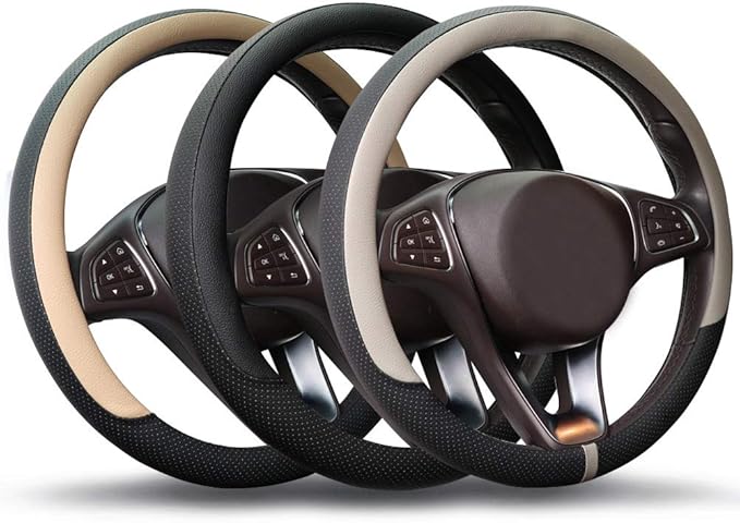 COFIT Breathable Car Steering Wheel Cover 15 inch Auto Universal Leather Wrap Non-Slip Steeringwheel Protector Automotive Interior Accessories, Black (Suit for 14 1/2-15 inch)