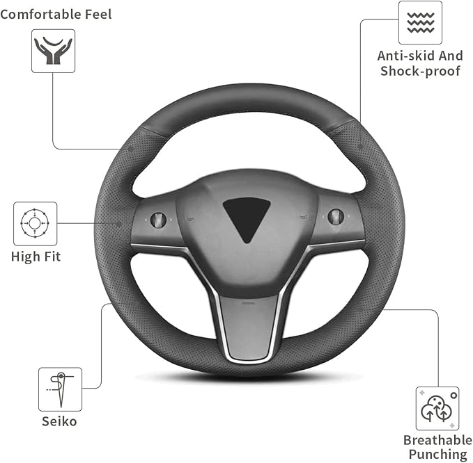 Yeolpise Hand Sewn Steering Wheel Cover,Fit for Tesla Model 3 2017-2023/Model Y 2020-2023,Non-Slip Breathable Microfiber Leather Steering Wheel Cover On Wrap Car Interior Accessories