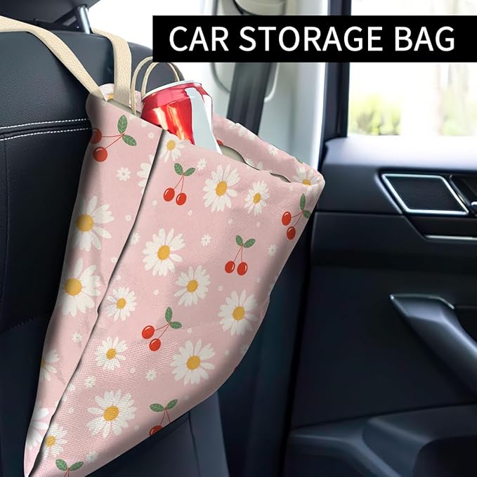 Car Trash Can, Cute Car Trash Bag, Hanging Car Organizer and Storage Bag, Trash Bin for Car Accessories, Vehicle, Travelling, Camping Cute Pink Daisy Cherry