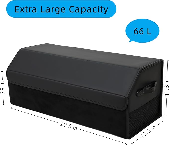 Venotxvi Car Organizers for Trunk for Suv Sedan, Leather Storage Box,Extra Large,Magnetic Lid,Collapsible and Adjustable, Collapsible Suede velvet， Black