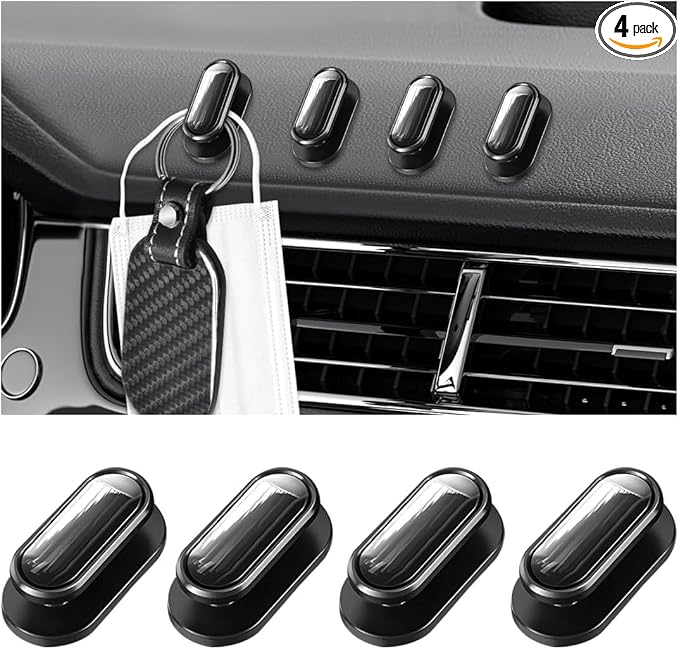 4 PCS Car Mini Hook, Multifunctional Auto Adhesive Backseat Hangers on Dashboard, Universal Hook Stickers for Key, Mask, Earphone, Charging Cable, Vehicle Interior Accessories (Glossy)