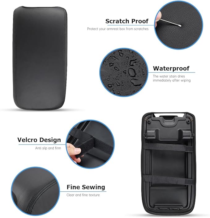INTGET Center Console Cover for Dodge Charger Accessories 2011-2020 2021 2022 2023 for Chrysler 300 2015-2022 Leather Console Lid Protector Cushion Pad(Black Stitches, Without Pattern)