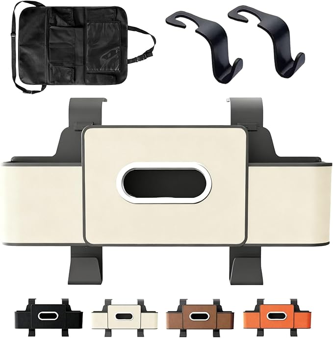 Car Organizer Back Seat, 2026 New 3 In 1 Car Backseat Organizer with Drink Cup Holder Tissue Box, Multifunctional Car Seat Back Storage Box for Hold Phone,Snacks, Drinks, Handbag (White)