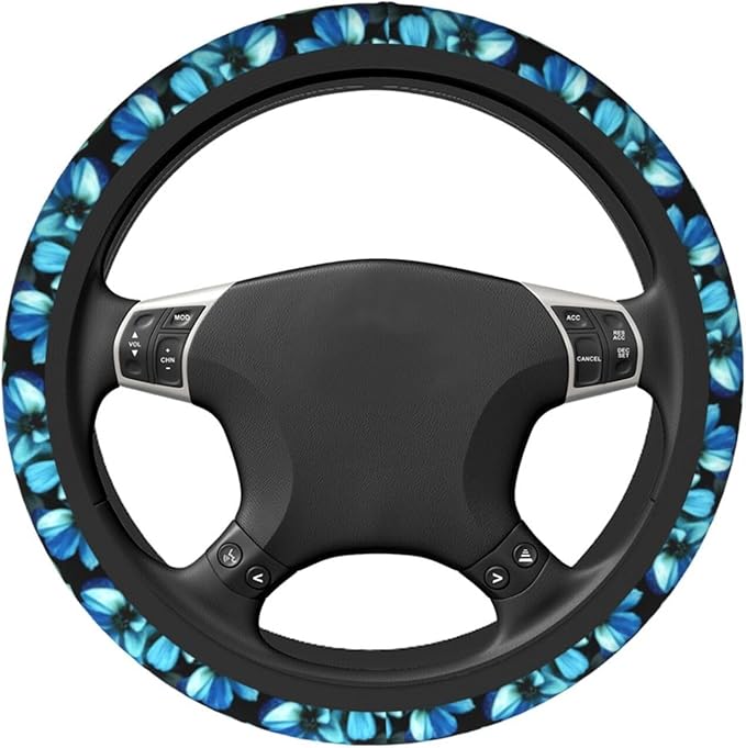Blue Flower Steering Wheel Cover for Women Car Accessories Cute Girls Girly Universal 15 Inch Neoprene Auto Interior Decor Anti Slip Automotive Truck Protector