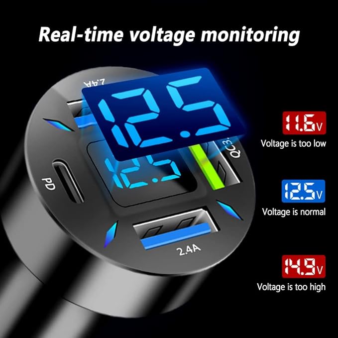 2Pcs 4 Ports USB Car Charger USB Adapter with Voltmeter,Type C Port PD 3.1/QC 3.0 Super Fast Charging Car Cigarette Lighter Plug for iPhone 14 13 12,S22 S21 S20,iPad Pro& More Mobil Phone (2Pcs-Black)