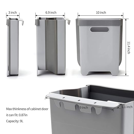 Hanging Collapsible Trash Can - 9L Wall Mounted Foldable Waste Bin for Kitchen Cabinet Door - Quickly Clean Counter, Sink, Bathroom - RV, Car, Camping Folding Garbage Basket (Gray)