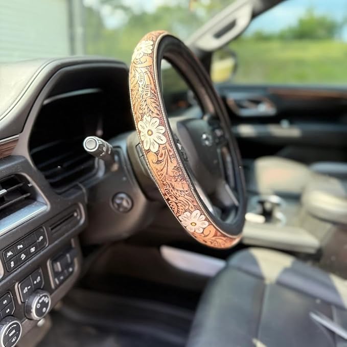Western Steering Wheel Cover,Retro Western Cowboy Car Universal Steering Wheel Cover,Embossed Hand-Painted Leather Western Car Accessories, for Women Man, Anti-Slip Design Easy to Install (F)