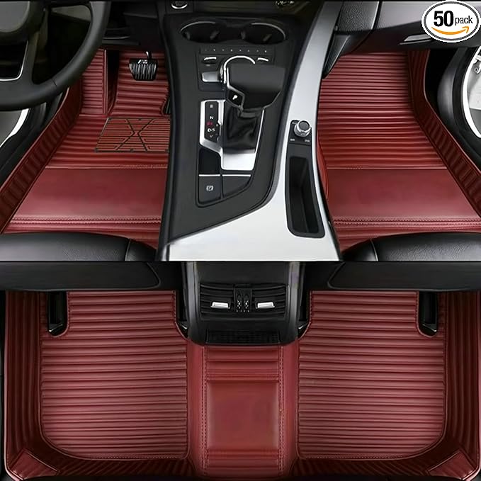 Custom Personalized Floor Mats for Cars，Luxury Full Coverage All Car Floor Mats，Anti-Slip Leather Car Mat Set ，Custom Floor Mats for 99% of Cars, Trucks & SUVs. (Burgundy Stripe)