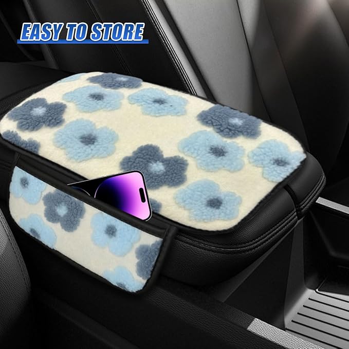 Car Center Console Cover, Soft Fluffy Car Armrest Seat Box Cushion Pad with 2 Storage Bags, Universal Vehicle Interior Protector Accessories for Most Sedans, SUVs, Trucks (Blue)