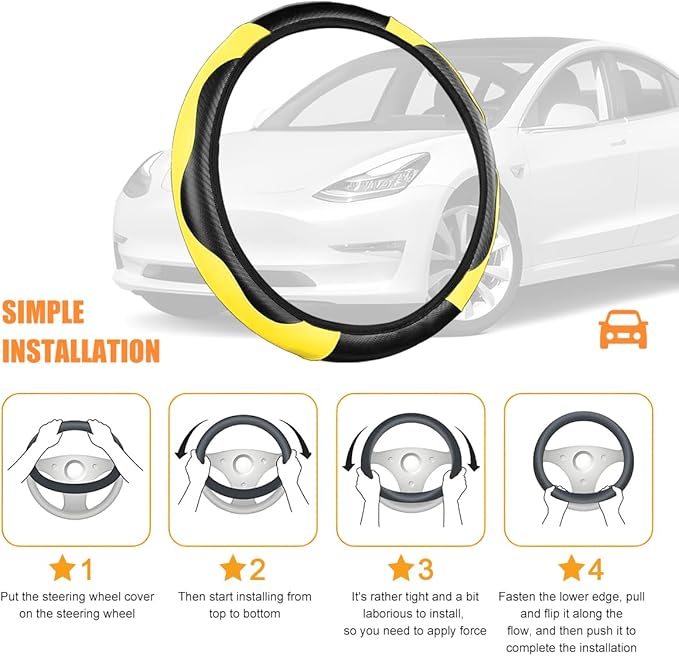 Carbon Fiber Car Steering Wheel Cover, 14.5-15 Inch Elastic Stretch Steering Wheel Guard, Sports Style Non-Slip Automotive Interior Accessories, Universal for Vehicles (Yellow)