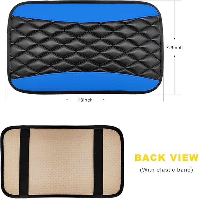 Car Center Console Cushion Pad, 12.6"×7.5" Waterproof Leather Armrest Seat Box Cover Protector, Soft Comfortable Anti-Scratch Arm Rest Console Pad for Most Cars Trucks SUVs (Black & Blue)