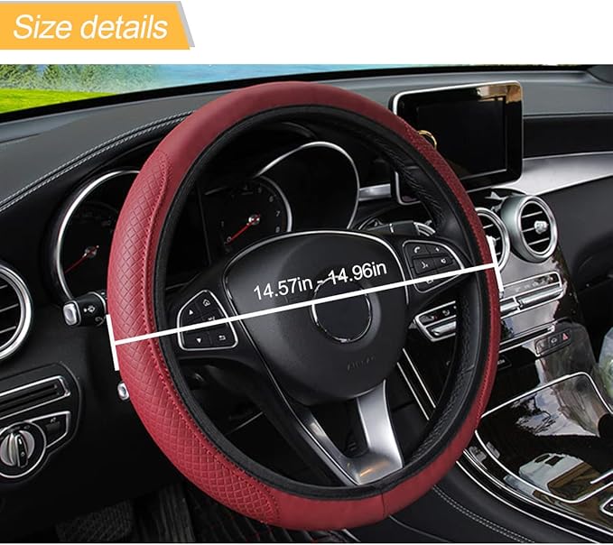 Leather Car Steering Wheel Cover, Anti-Slip Breathable Microfiber Leather Steering Wheel Protector for Women Men, Universal 15'' Elastic Soft Odorless, Car Accessories for Car, Truck, SUV (Wine Red)