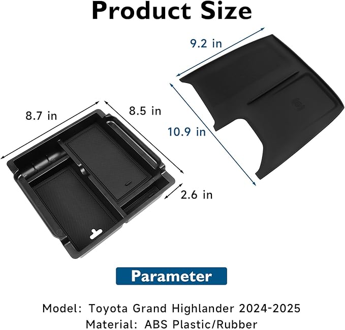 BlBLOZ Wireless Charging Anti-Slip Mat and Center Console Organizer(with Secret Compartment) for Toyota Grand Highlander 2024 2025 2026 Accessories Silicone Anti-Slip Wireless Charger Cover Pad 2PCS