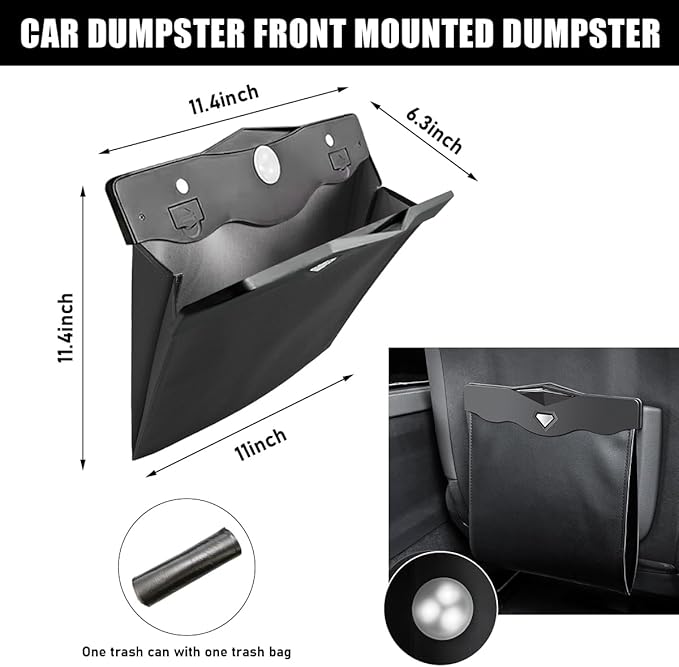Hanging Car Trash Bag, Foldable Magnetic Garbage Can with Smart LED for Front Back Seat, Multi-Functional Waterproof Leather Rubbish Bag Storage Pocket, Car Accessories (Black)