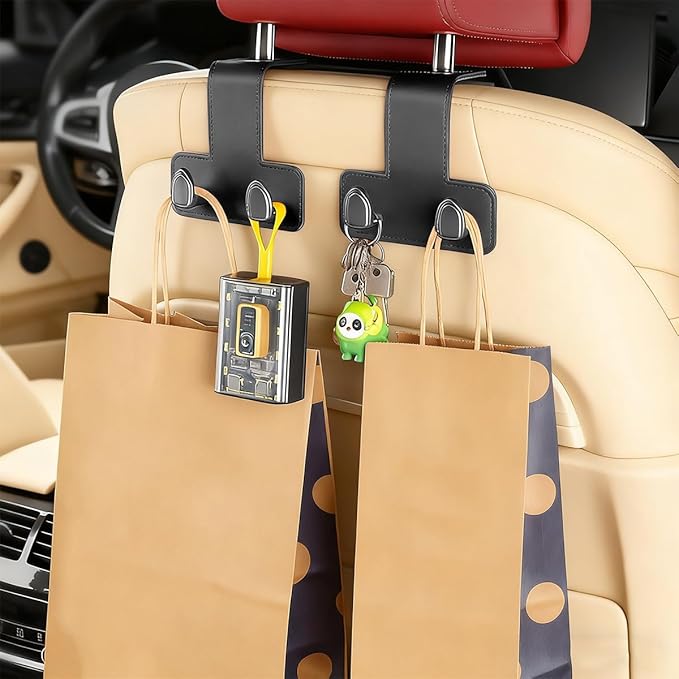 2PCS Car Headrest Hook, Dual Hook Leather Vehicle Back Seat Storage Organizer for Handbag Purse Hat, Multifunction Automotive Seat Back Hanger Holder, Universal for Most Vehicles (Black)