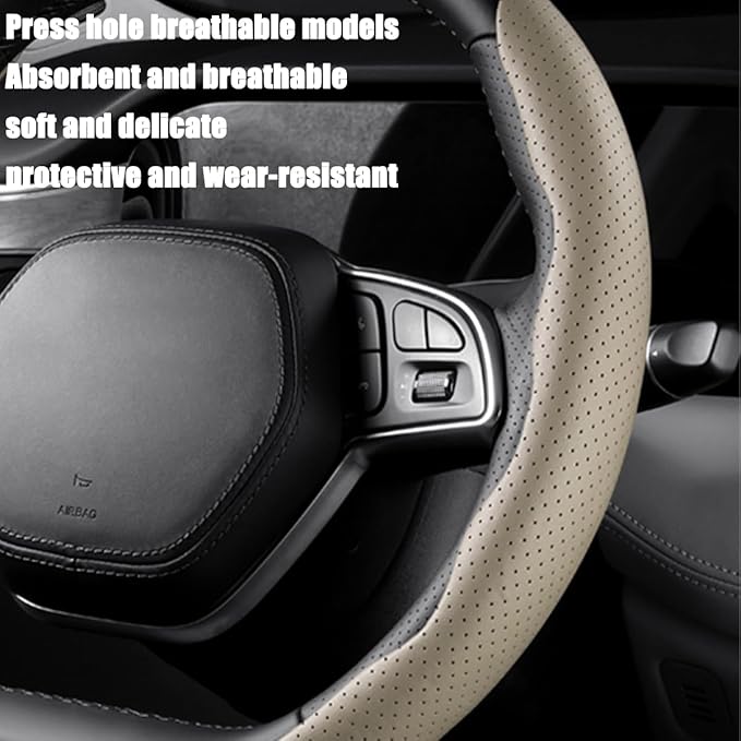 LoyaForba Car Steering Wheel Cover, Universal 15 Inch Leather Segmented Auto Steering Wheel Protector, Anti-Slip and Soft Breathable, Car Interior Accessories for Most Vehicle, SUV, Truck (Beige)