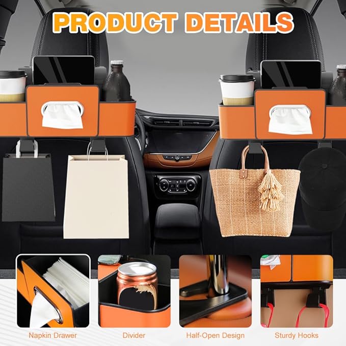 Back Seat Car Organizer,3 in 1 Car Backseat Storage Box with Cup Holder,Tissue Box,Trash Bin&Hooks,Multifunctional Waterproof Storage for Hold Phones Snacks Drinks Handbags (2, Brown)