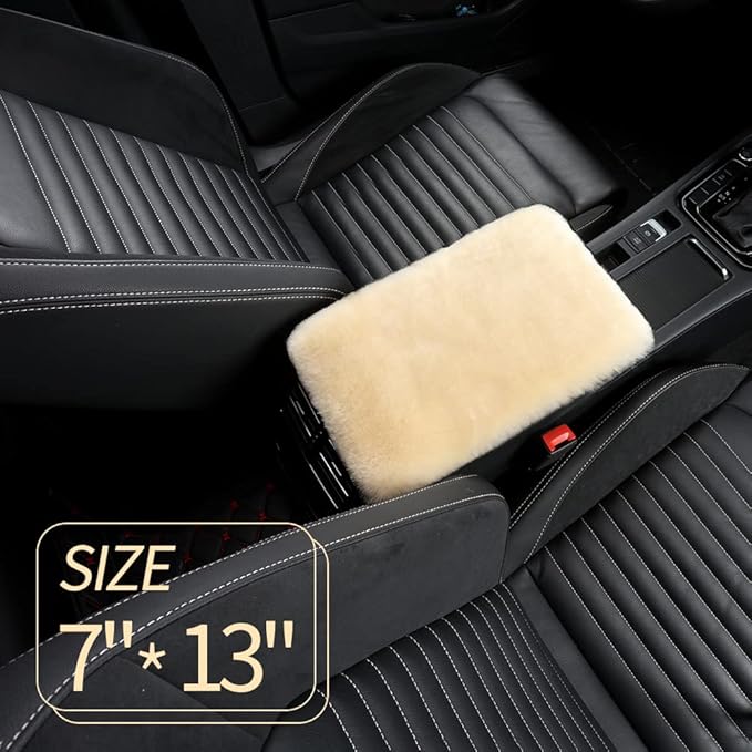 IRIWOOL Sheepskin Armrest Cover Auto Center Armrest Cover Car Soft Console Pad, Fluffy Wool Auto Center Console Cover for Most Car Arm Rest Decoration Protector 7 x 13 Inch (Shearling, Pearl)