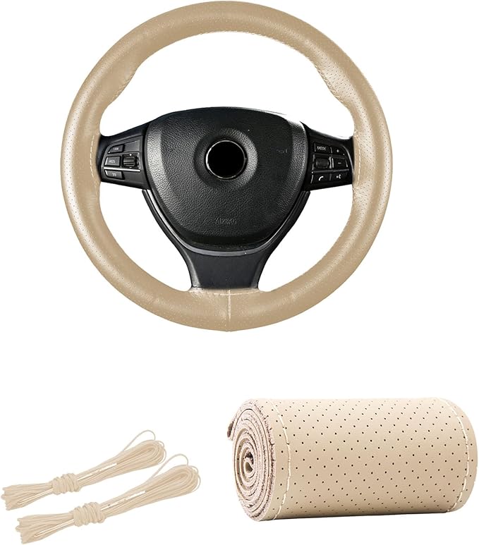 Kewucn Genuine Leather Steering Wheel Cover, 15" Universal Car Steering Wheel Protector with Needle Thread, Breathable Anti-Slip Steering Wheel Cover DIY Stitch on Wrap (Beige, Full Hole)