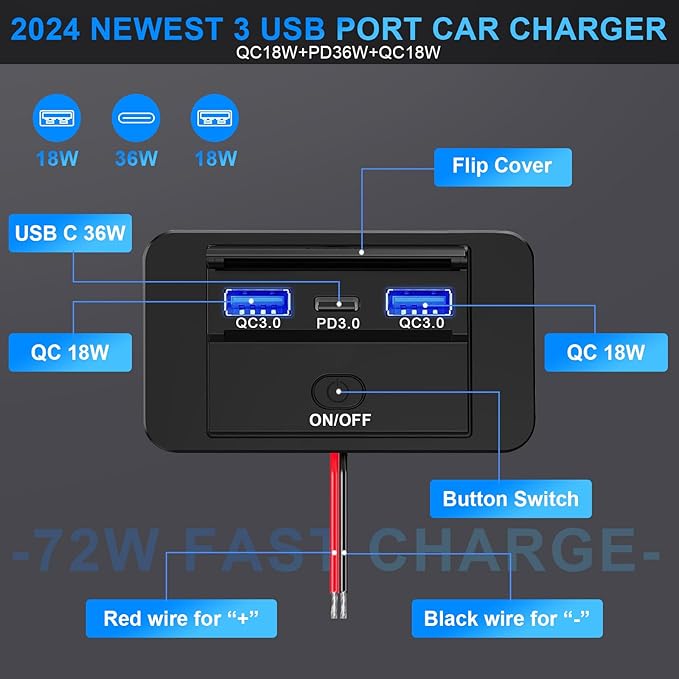 2PCS 3 Ports 12V RV USB Outlet 72W, Gibbab Dual USB QC3.0 36W & PD3.0 Type-C Quick Charge 36W Panel Wall Mount, Automotive Car Socket Charger Adapter for RV Marine Boat Bus ATV Motorcycle Truck