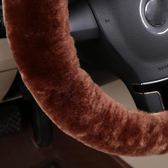 Fluffy Fur Wool Sheepskin car Steering Wheel Cover, Fuzzy Protector for Universal Steering Wheel 15inch, Anti-Slip,Comforting and Luxurious, Soft Texture (Saddle Brown)
