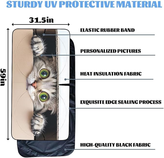Cute Cat Car Windshield Sunshades Cardboard Box Green Eyes Naughty Cat Front Window Sun Shade Blocks UV Rays Sun Visor Protector for Car Sedan Truck SUV Accessories 59" L x 31.5" W