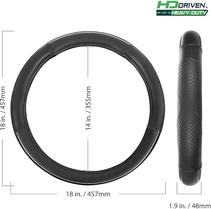 HD Driven SWC Premium Black Leather Steering Wheel Cover with Massage Grip – 18” Diameter for Semi-Trucks, Ribbed Rubber Core & High-Performance Leather, Vehicle Accessories