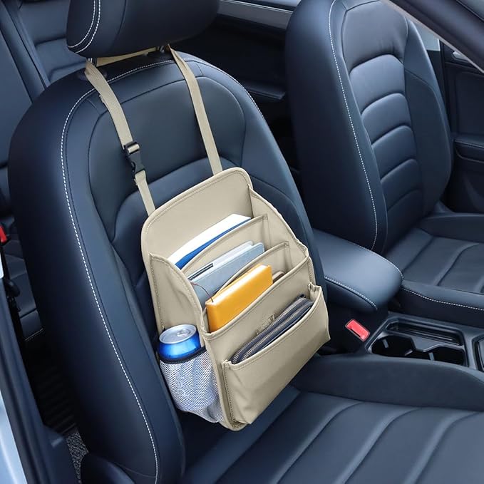 Viaviat Front Seat Organizer Car Upholstery Leather Passenger Seat Storage Bag Large Durable Car Organizer with Adjustable Strap Multiple Compartments Mesh Bags Cup Holders (beige)