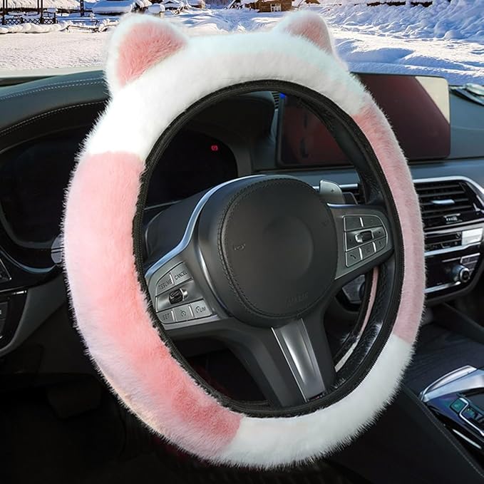 Car Steering Wheel Cover with Cat Ears Winter Warm Fuzzy Steering Wheel Protector Car Accessories Interior Decorations (Pink+White)