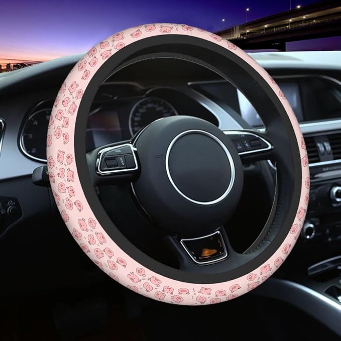 Swono Pig Cute Auto Car Steering Wheel Cover for Women Girls Funny Cartoon Cute Pigs Pink 15 Inch Steering Wheel Protector Case,Fits for Automotive Car SUV Sedans