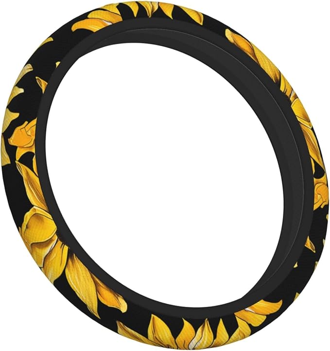 Steering Wheel Cover Polyester Thick Non-Slip Car Steering Wheel Cover Protector Universal 15 Inch, Yellow Sunflower Theme