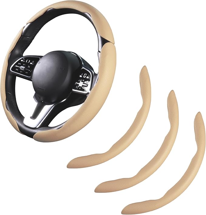 Car Steering Wheel Cover Leather Snap On 3Pcs Set Non-Slip Protector Wrap Steering Wheel Accessories 14.5-15 inch Universal Beige