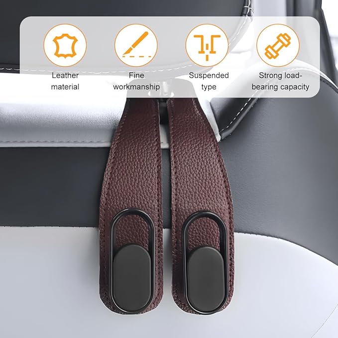 Car Seat Headrest Double Hook, 2PCS Multifunctional Soft Leather Vehicle Purses & Bags Holder, Hidden Design Automotive Interior Storage Hanger, Universal for SUV, Truck, RV (Brown)