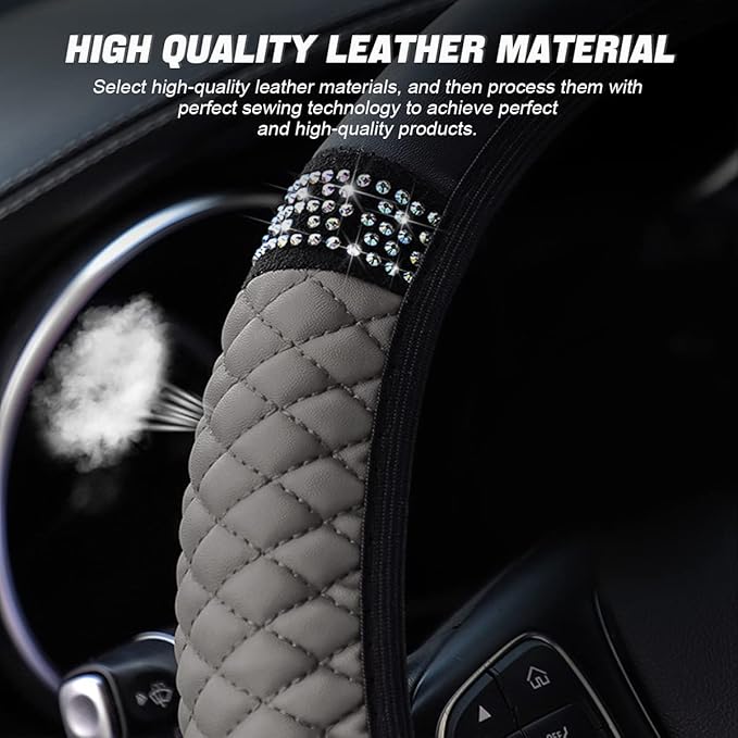 Leather Car Steering Wheel Cover, 15 Inch Colorful Rhinestones Elastic Auto Steering Wheel Protector, Bling Steering Wheel Cover for Women Men, Car Accessories for Cars, Vehicles, SUVs (Gray)