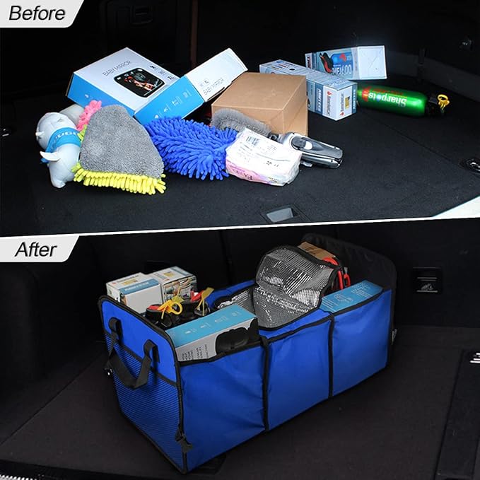 Trunk Organizer, Large Capacity Cargo Storage with Insulation Cooler, Foldable for Cars, Vehicles, SUVs, Trucks, Automotive Interior Organizer (Blue)