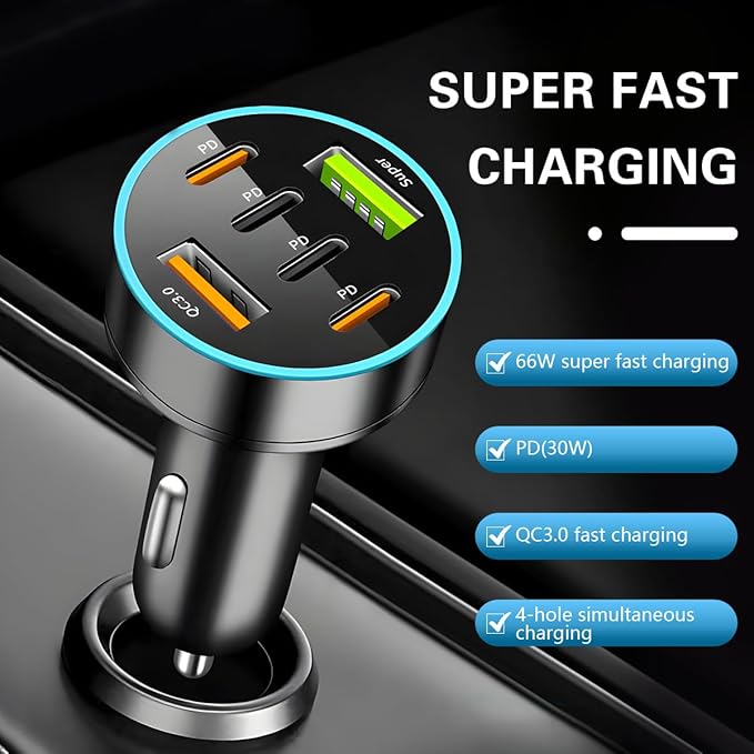 6 Ports 66W Car Charger, 12-24V Super Fast Charging with USB PD&QC 3.0 with LED Voltmeter for Cigarette Lighter Plug, Compatible with All Smartphone, Universal Auto Accessories