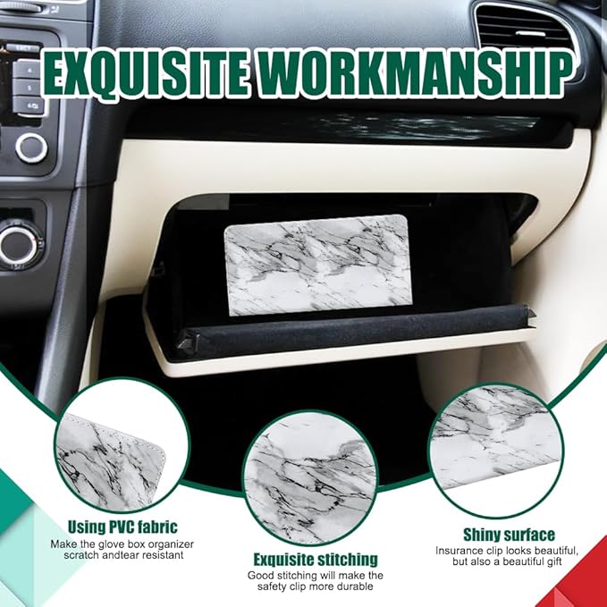 Vehicle Glove Box Car Organizer, Car Registration and Insurance Holder, Insurance Card Holder for Cars, Leather Card Holder Interior Auto Accessories for Women (Marble-White/Large)