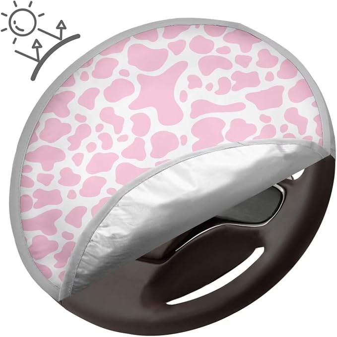 Pink Cow Print Car Steering Wheel Sun Shade Cover Universal Steering Wheel Sunshade 17 Inch Car Rudder Protector Block UV Rays Reflector Easy to Install
