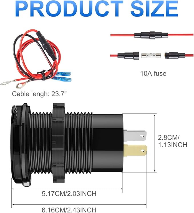 12V USB Outlet Wire Aluminum Car Charger Multi Port, Dual USB Quick Charge 3.0 Port and PD USB C Socket with Voltmeter Switch for Car Boat Marine Truck RV, Fast Charge for iPhone iPad Android Phones