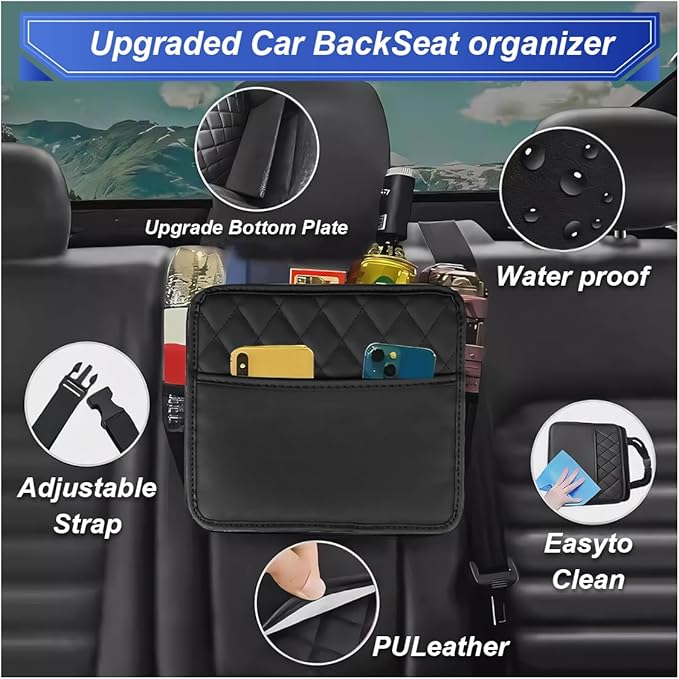Car Back Seat Organizer, Waterproof Leather Automotive Backseat Hanging Bag with Cup Holders, Large Capacity Car Trash Can, Vehicle Travel Accessories for Most Vehicles (1PC/Black)
