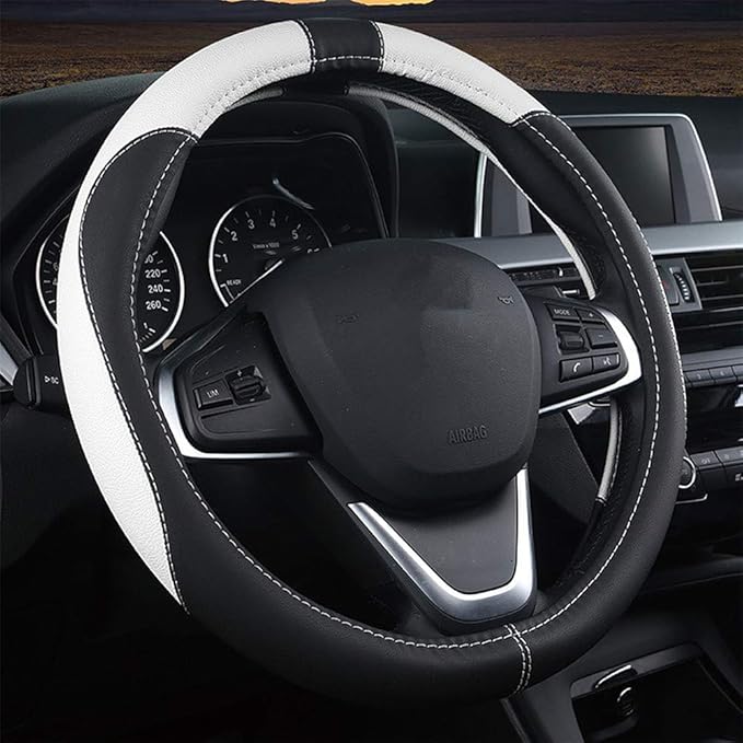 Black Microfiber Leather Car Steering Wheel Cover,Durable, Breathable,Snug Grip,Fit Most Car,Warm in Winter Universal Size 14.5 15 15.5 Inches(Black/White)