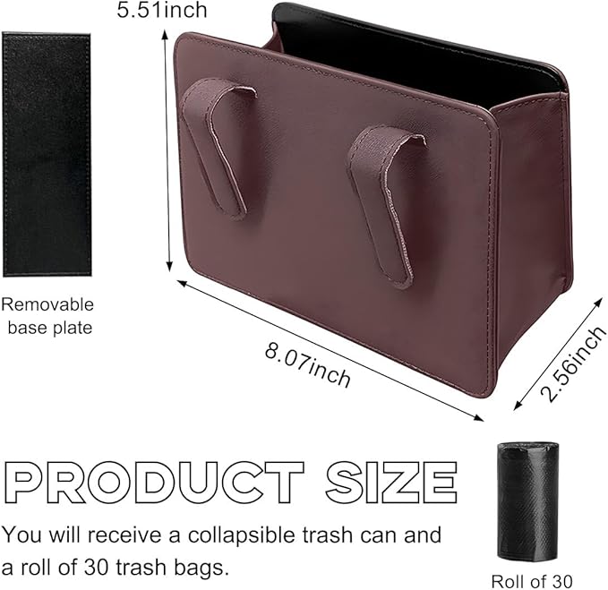 Car Trash Can, Foldable Waterproof Leather Car Garbage Organizer Holder, Automotive Mini Dustbin Container with One Roll Trash Bag, Universal Interior Car Accessories (Dark Brown)