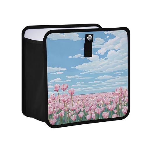 Car Trash Can Organizer Bin with Adjustable Strap for Back Front Seat Console Waterproof Leakproof Collapsible Portable 8.66 Inch Pink Tulip Field and Blue Sky