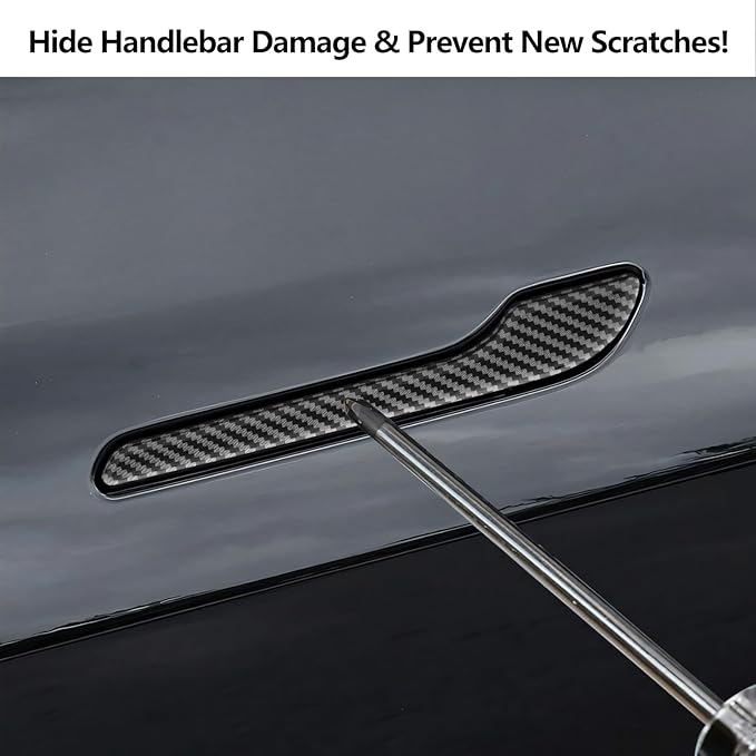 4PCS Tesla Model 3/Y Door Handle Cover Set (2017-2025) Highland & Juniper Compatible, Car Door Handle Sills Protection Wrap Exterior Accessories, Carbon Fiber 3D Sticker