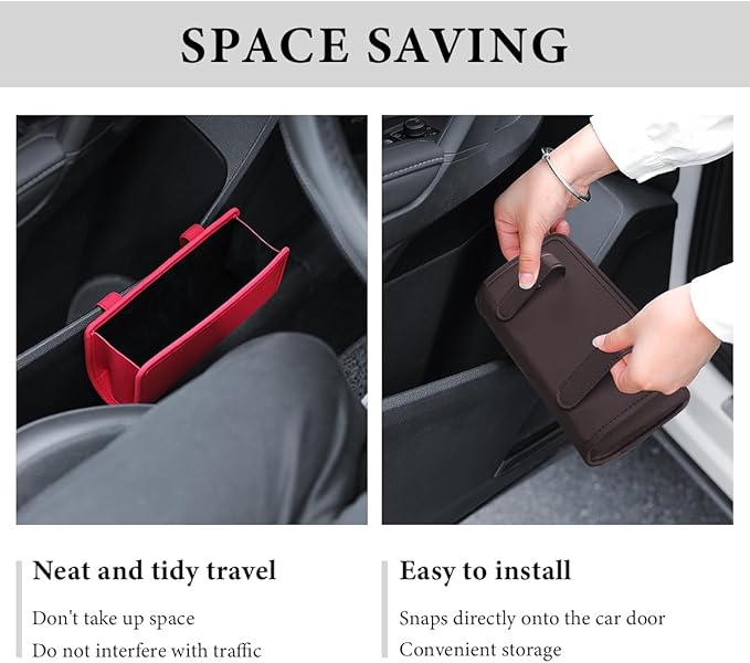 Car Trash Can, Foldable Small Hanging Trash Bin Waterproof Car Door Organizer, Multi-Function Leather Garbage Bag Mini Storage Can for Vehicle Back Seat & Side Door (Brown)