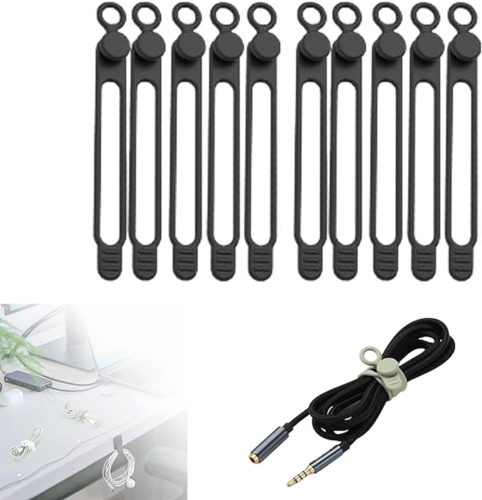 Silicone Cable Ties, Data Cable Organizer Reusable Cable Management Organizer, Multipurpose Elastic Cord Organizer for Bundling and Fastening Cable Cords Wires for Travel/Office/Home (Black, 10Pack)