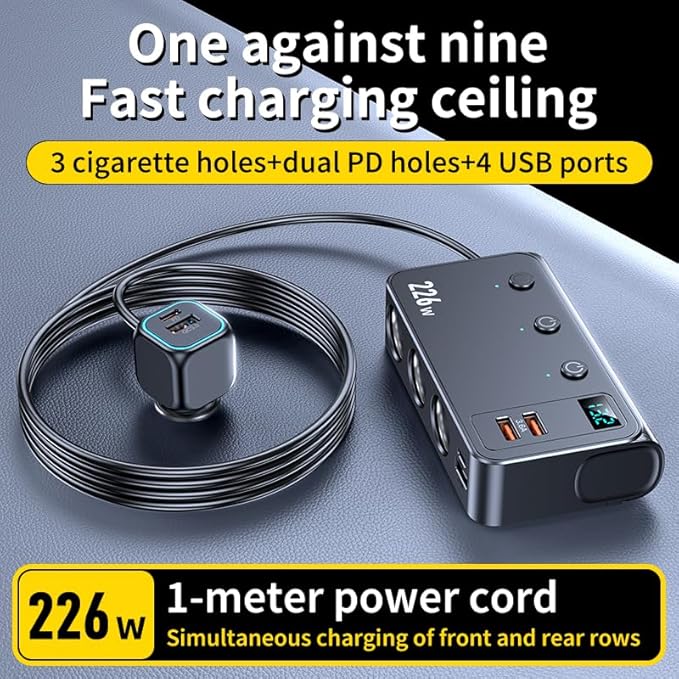 226W Car Charger Cigarette Lighter Splitter, 9-in-1 Multi-Port Car Power Adapter with 3 Sockets, Dual PD USB-C, 4 USB Ports, LED Voltmeter, Fast Charging for 12V–24V Vehicles